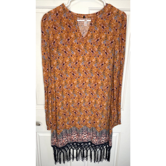 Xhilaration Dresses & Skirts - Xhilaration Women's Boho Floral Fringe Hem Midi Dress Sz M Sheath Cowgirl Aztec